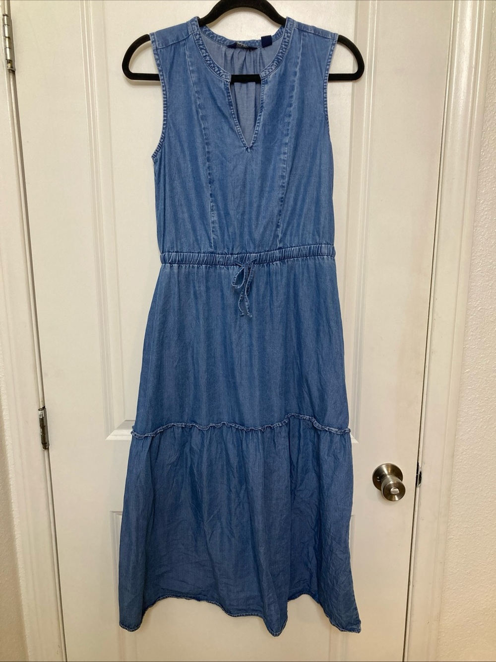 Lands' End Womens Sz S Denim Tiered Midi Dress Blue Cottagecore Prairie - Picture 2 of 4